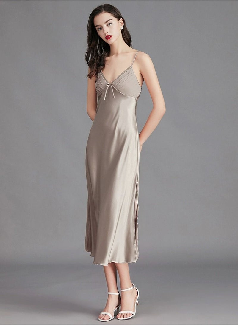 إسكدنيا Women's Solid Color  Nightgown V-Neck Slip Dress Soft Lingerie Midi Sleepwear With Adjustable Strap Camel  - Image 2