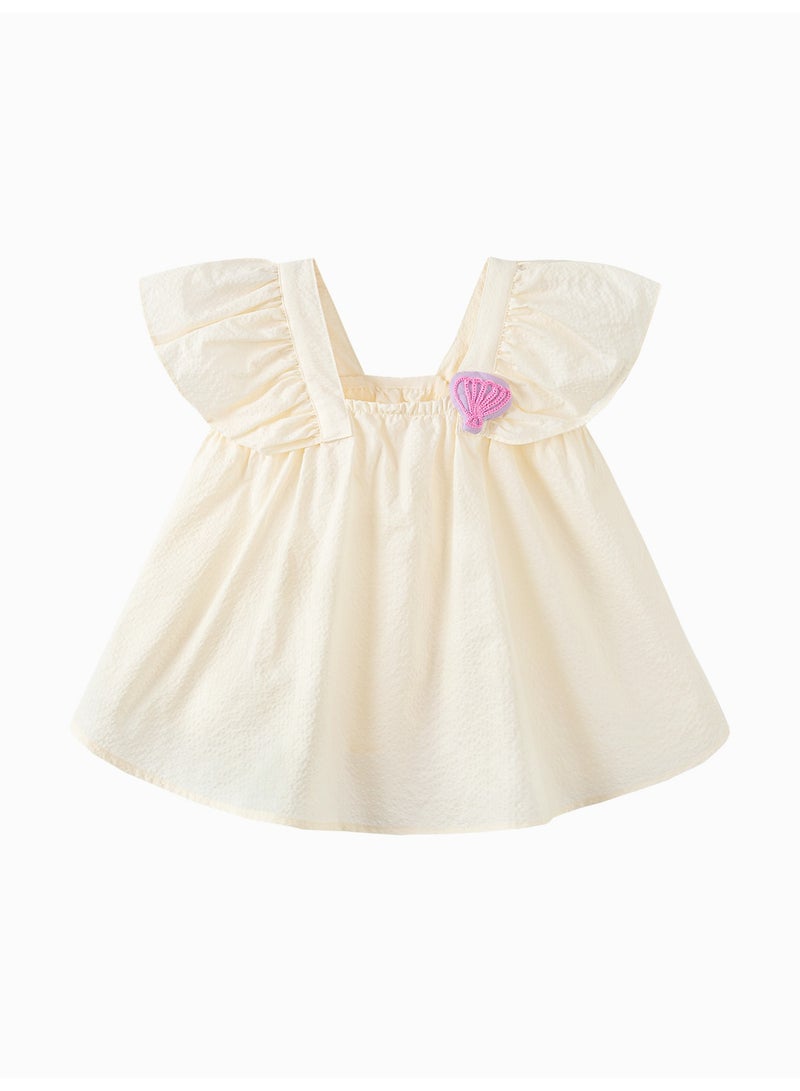 ميني بالا بلوزة أطفال بأكمام منفوشة ومزينة بكشكشة رائعة للبنات، مصنوعة من قماش خفيف الوزن وناعم، ورقبة مربعة مع لمسة صدفية لطيفة، مثالية للرحلات على الشاطئ والارتداء اليومي والمناسبات غير الرسمية. - Image 4