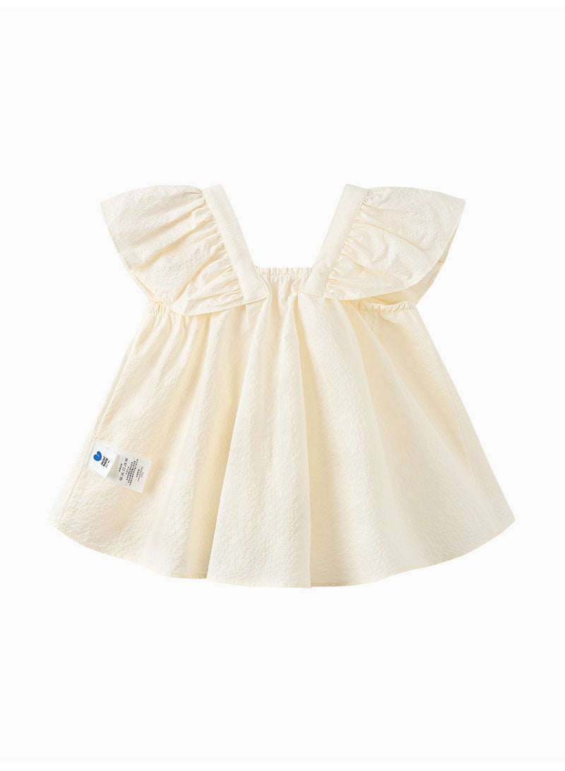 ميني بالا بلوزة أطفال بأكمام منفوشة ومزينة بكشكشة رائعة للبنات، مصنوعة من قماش خفيف الوزن وناعم، ورقبة مربعة مع لمسة صدفية لطيفة، مثالية للرحلات على الشاطئ والارتداء اليومي والمناسبات غير الرسمية. - Image 5