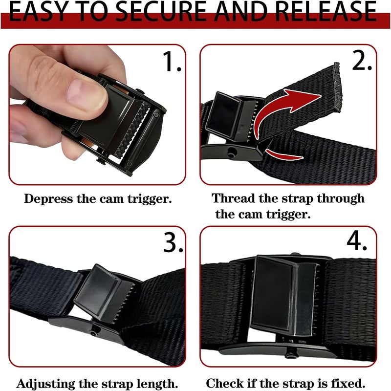 Clay&Fire Lashing Straps with Buckles, Cargo Tie-Down Strap, Adjustable Cam Buckle Straps for Storage Luggage Trucks,Trailer,Motorcycle (4 Pack Black) Full Sized - Image 4