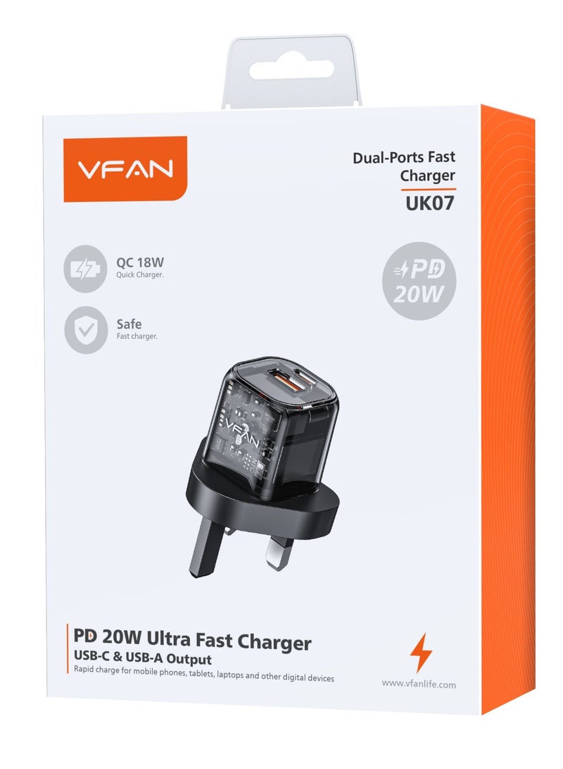 VFAN 20W Dual Port Ultra Fast Wall Charger UK07-Black - Image 1