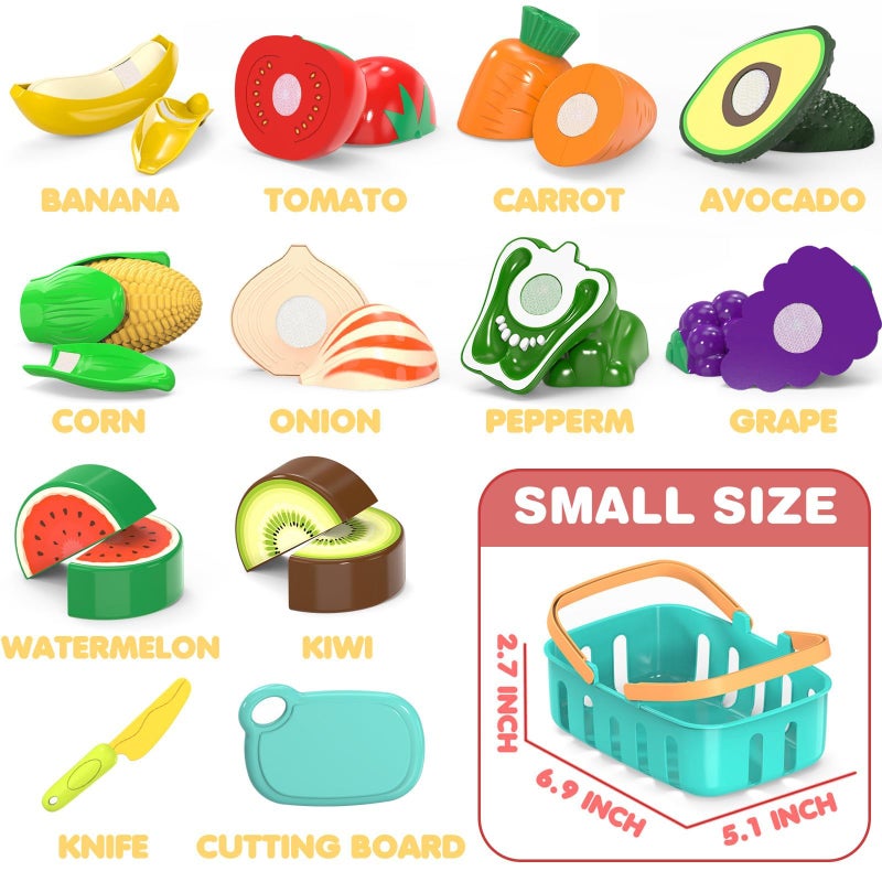 MOEAWS Cutting Play Food Toys For Kids, Pretend Play Kitchen Accessories, Fake Fruits/Vegetables Set With Shopping Storage Basket, Plastic Board And Knife, Birthday Gifts/Educational Toy For Toddler Children - Image 3