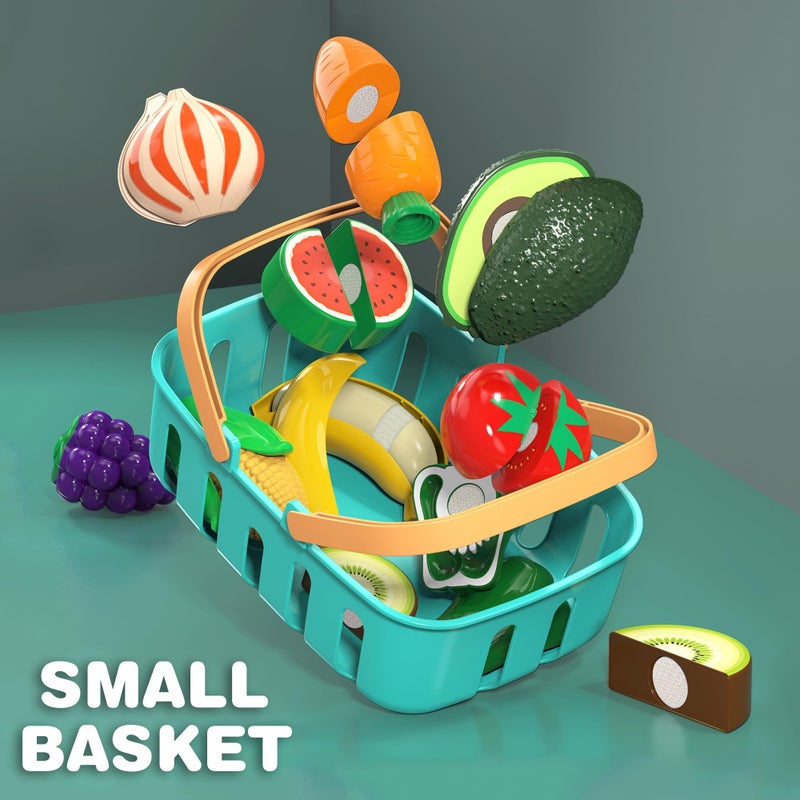 MOEAWS Cutting Play Food Toys For Kids, Pretend Play Kitchen Accessories, Fake Fruits/Vegetables Set With Shopping Storage Basket, Plastic Board And Knife, Birthday Gifts/Educational Toy For Toddler Children - Image 5