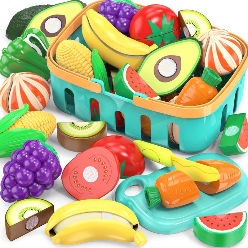 MOEAWS Cutting Play Food Toys For Kids, Pretend Play Kitchen Accessories, Fake Fruits/Vegetables Set With Shopping Storage Basket, Plastic Board And Knife, Birthday Gifts/Educational Toy For Toddler Children - Image 1
