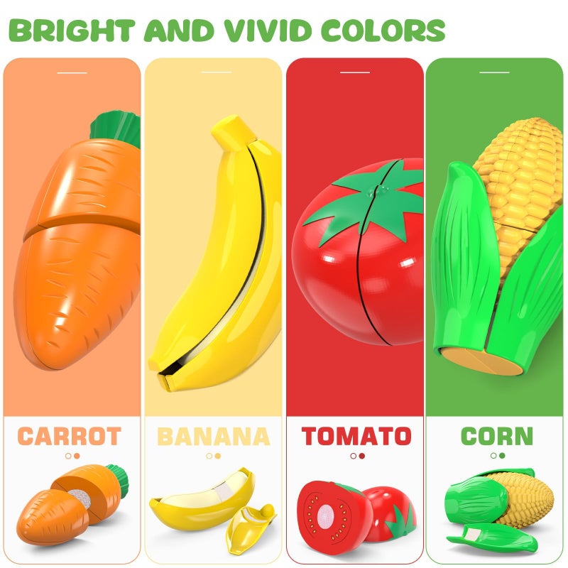 MOEAWS Cutting Play Food Toys For Kids, Pretend Play Kitchen Accessories, Fake Fruits/Vegetables Set With Shopping Storage Basket, Plastic Board And Knife, Birthday Gifts/Educational Toy For Toddler Children - Image 4