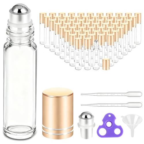 PrettyCare 60 Pack 10 ml Essential Oil Roller Bottles with Stainless Steel Roller Ball Bulk Refillable Leakproof Empty Thick Clear Glass Roll on Bottles with Metal Caps for Travel Perfume - Image 2