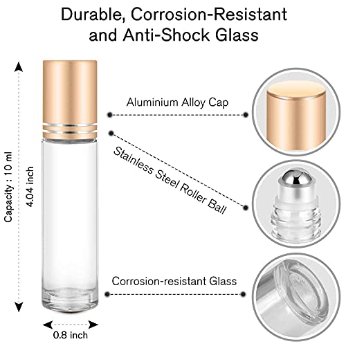 PrettyCare 60 Pack 10 ml Essential Oil Roller Bottles with Stainless Steel Roller Ball Bulk Refillable Leakproof Empty Thick Clear Glass Roll on Bottles with Metal Caps for Travel Perfume - Image 5