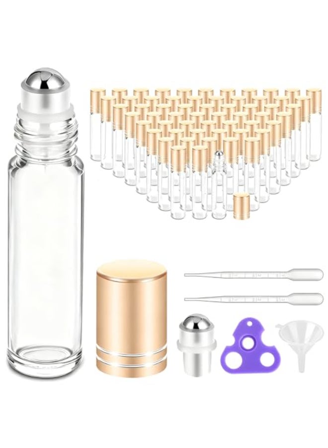 PrettyCare 60 Pack 10 ml Essential Oil Roller Bottles with Stainless Steel Roller Ball Bulk Refillable Leakproof Empty Thick Clear Glass Roll on Bottles with Metal Caps for Travel Perfume - Image 1