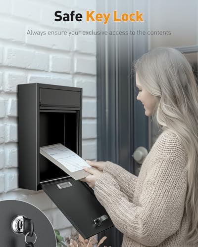 Uniclife Wall Mount Mailbox for Outside, Locking Mail Box, Large Mailbox with Key Lock, Security Mail Box for House, Safe Key Drop Box, Post Box, Steel Cash Drop Box for Home Office School, Black - Image 2