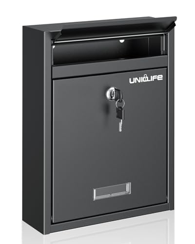 Uniclife Wall Mount Mailbox for Outside, Locking Mail Box, Large Mailbox with Key Lock, Security Mail Box for House, Safe Key Drop Box, Post Box, Steel Cash Drop Box for Home Office School, Black - Image 1