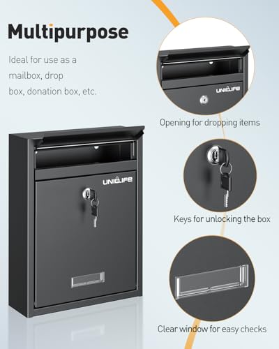 Uniclife Wall Mount Mailbox for Outside, Locking Mail Box, Large Mailbox with Key Lock, Security Mail Box for House, Safe Key Drop Box, Post Box, Steel Cash Drop Box for Home Office School, Black - Image 3