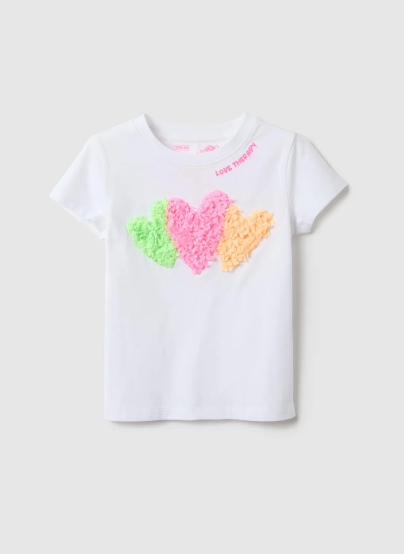 او في اس Ovs Girls' White Stretch Cotton Regular Fit T-Shirt With Hearts
