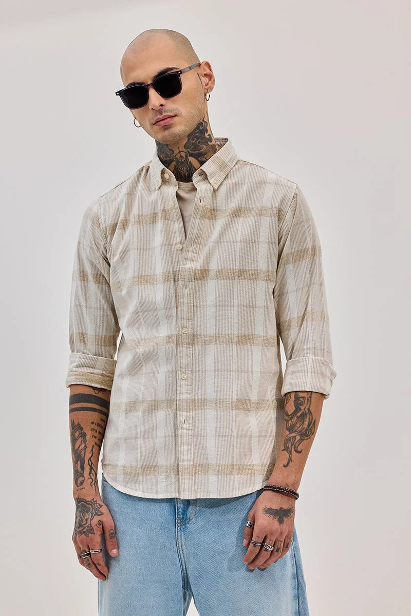 سنيتش Beige Checkered Long Sleeve Slim Fit Shirt