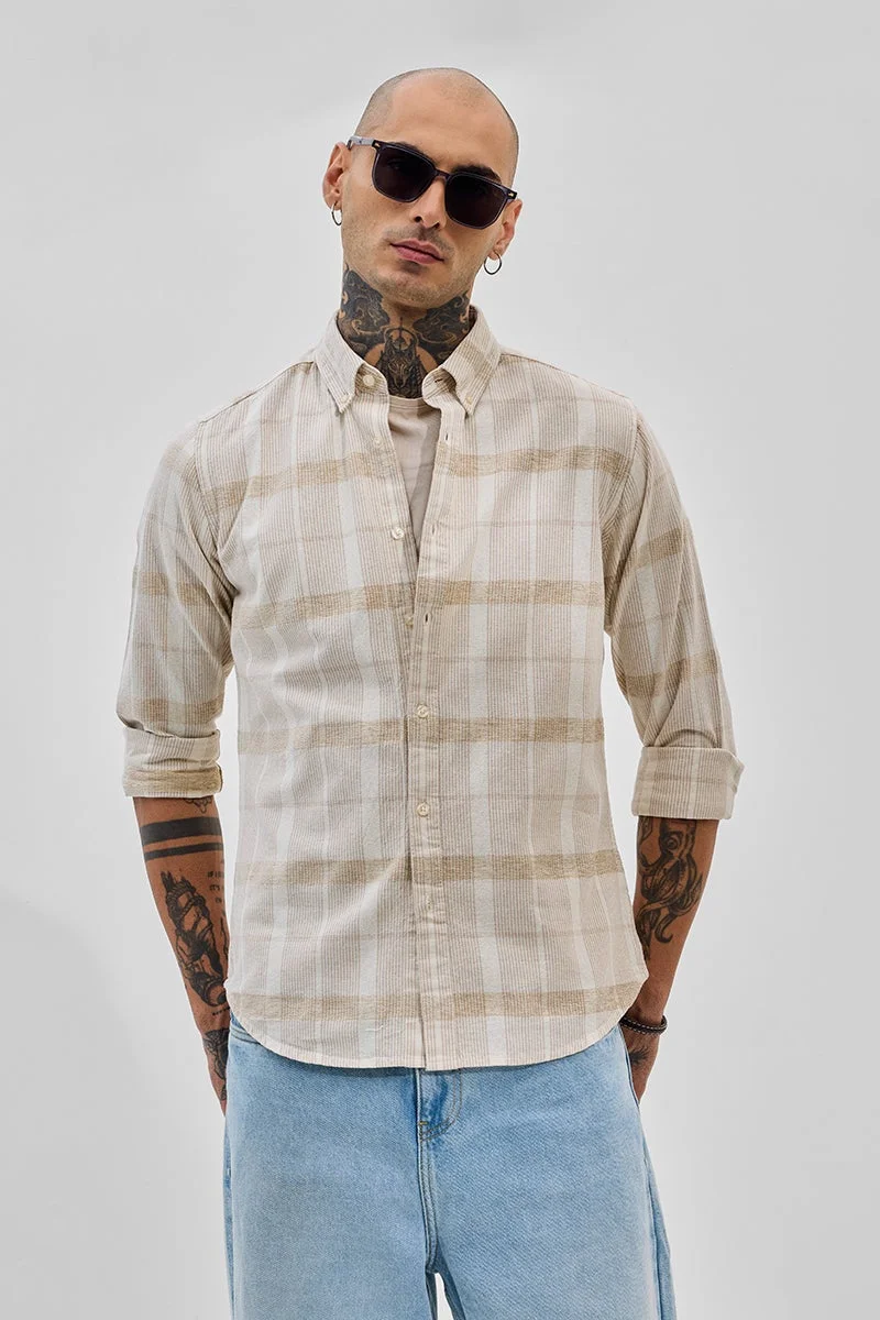 سنيتش Beige Checkered Long Sleeve Slim Fit Shirt
