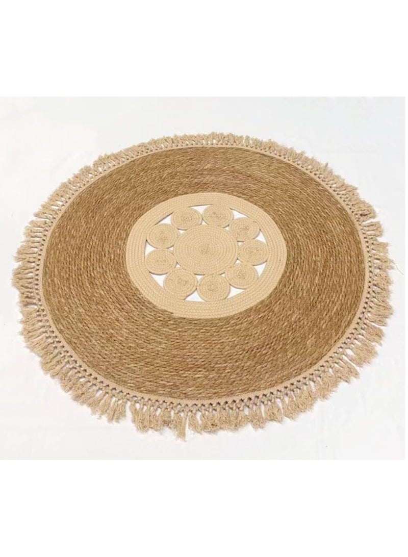 LINGWEI Handcrafted Jute & Fabric Round Rug – Elegant Design with Fringe Details – Two Sizes Available – Perfect for Living Room, Bedroom, or Patio Decor  - Image 1