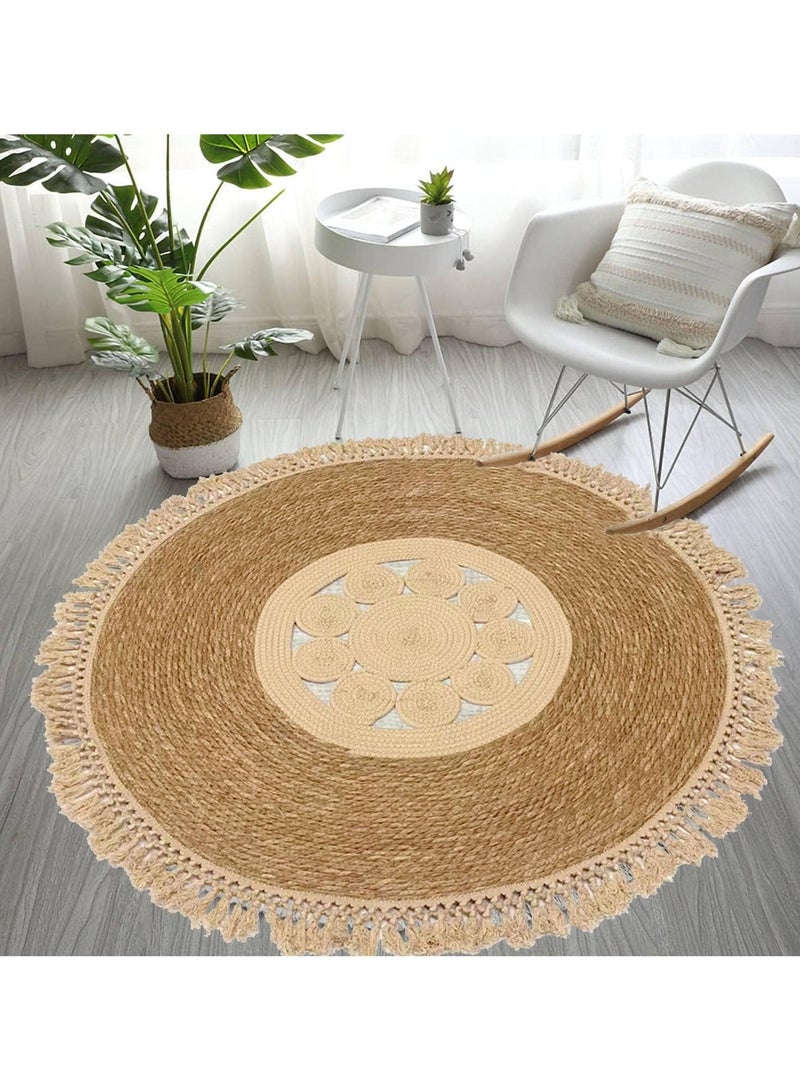 LINGWEI Handcrafted Jute & Fabric Round Rug – Elegant Design with Fringe Details – Two Sizes Available – Perfect for Living Room, Bedroom, or Patio Decor  - Image 4