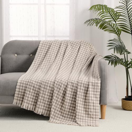 CREVENT Farmhouse Boho Knitted Throw Blanket for Couch Sofa Chair Bed Home Decoration, Soft Warm Cozy Light Weight for Spring Summer Fall (50''X60'' Plaid Tan) - Image 2