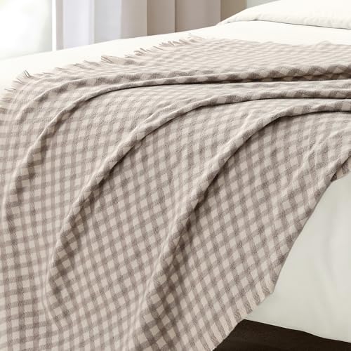 CREVENT Farmhouse Boho Knitted Throw Blanket for Couch Sofa Chair Bed Home Decoration, Soft Warm Cozy Light Weight for Spring Summer Fall (50''X60'' Plaid Tan) - Image 5