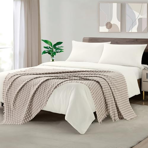 CREVENT Farmhouse Boho Knitted Throw Blanket for Couch Sofa Chair Bed Home Decoration, Soft Warm Cozy Light Weight for Spring Summer Fall (50''X60'' Plaid Tan) - Image 4
