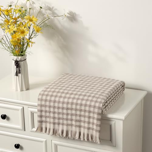 CREVENT Farmhouse Boho Knitted Throw Blanket for Couch Sofa Chair Bed Home Decoration, Soft Warm Cozy Light Weight for Spring Summer Fall (50''X60'' Plaid Tan) - Image 3