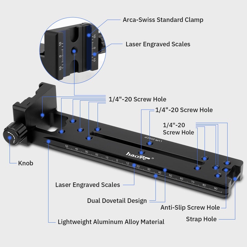 Haoge LVR-200CP 200mm Dual Dovetails Nodal Slide Vertical Rail with 90 Degree Quick Release Clamp Compatible with Arca-Swiss SUNWAYFOTO - Image 3