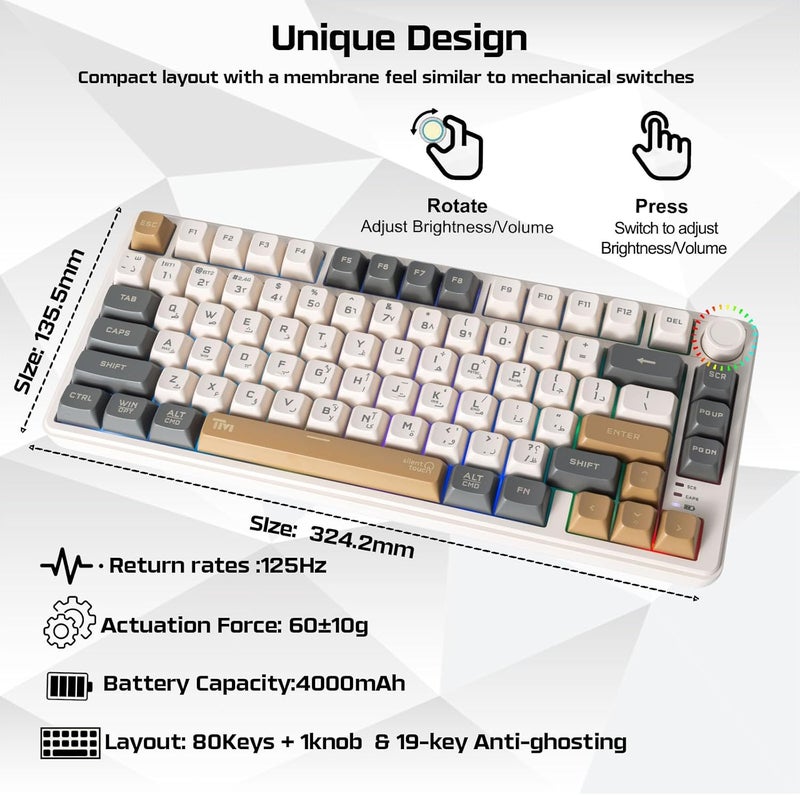 تويستيد مايندز لوحة مفاتيح غشائية للألعاب لاسلكية من TM-MK75 Imperium Pro Series بنسبة 75%، 80 مفتاحًا، مقبض للتحكم في الصوت، ثلاثة أوضاع (سلكي/بلوتوث/2.4G)، إضاءة خلفية RGB، ميزة مكافحة تكرار الضغطات على 19 مفتاحًا، تصنيع من البلاستيك ABS – باللغتين الإنجليزية والعربية - Image 5