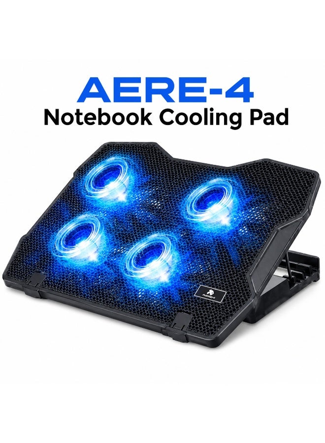 ميكوسو قاعدة تبريد الكمبيوتر المحمول AERE-4 مزودة بأربعة مراوح LED زرقاء | حامل تبريد قابل لتعديل الارتفاع | قاعدة تبريد تعمل بمنفذ USB لأجهزة الكمبيوتر المحمولة حتى 15.6 بوصة - Image 1