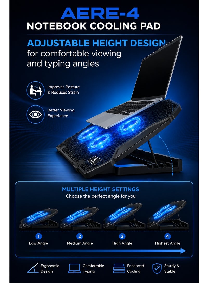 ميكوسو قاعدة تبريد الكمبيوتر المحمول AERE-4 مزودة بأربعة مراوح LED زرقاء | حامل تبريد قابل لتعديل الارتفاع | قاعدة تبريد تعمل بمنفذ USB لأجهزة الكمبيوتر المحمولة حتى 15.6 بوصة - Image 2