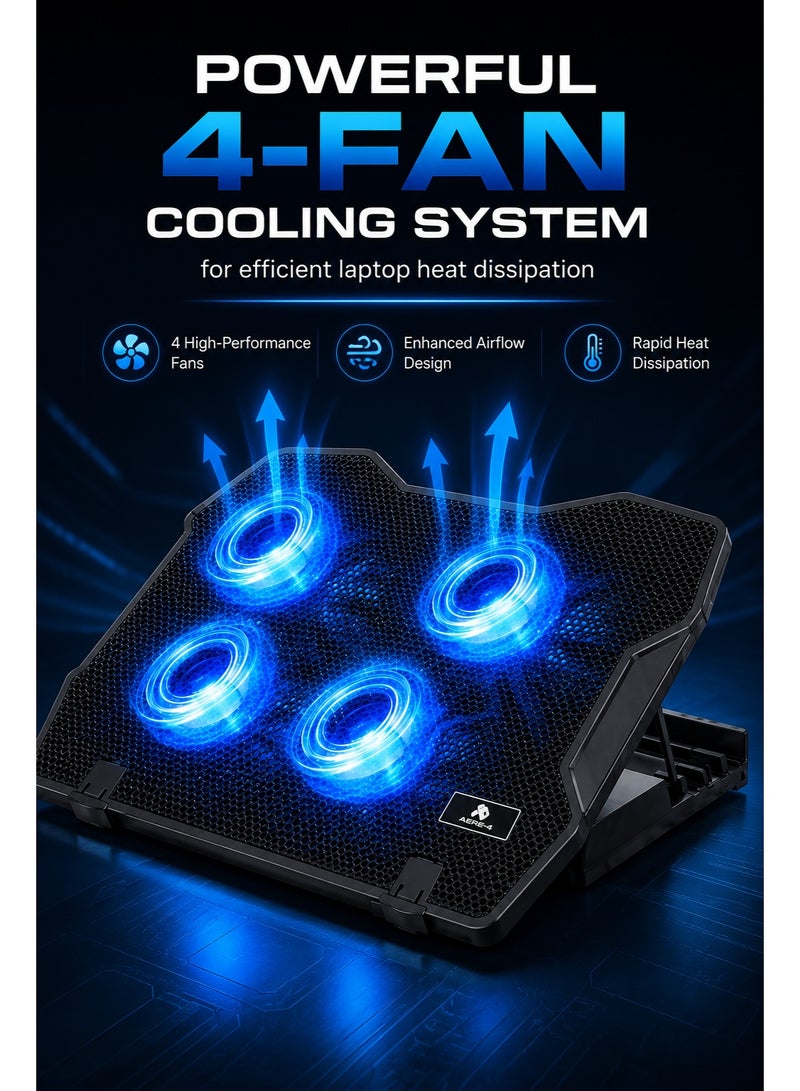 ميكوسو قاعدة تبريد الكمبيوتر المحمول AERE-4 مزودة بأربعة مراوح LED زرقاء | حامل تبريد قابل لتعديل الارتفاع | قاعدة تبريد تعمل بمنفذ USB لأجهزة الكمبيوتر المحمولة حتى 15.6 بوصة - Image 4