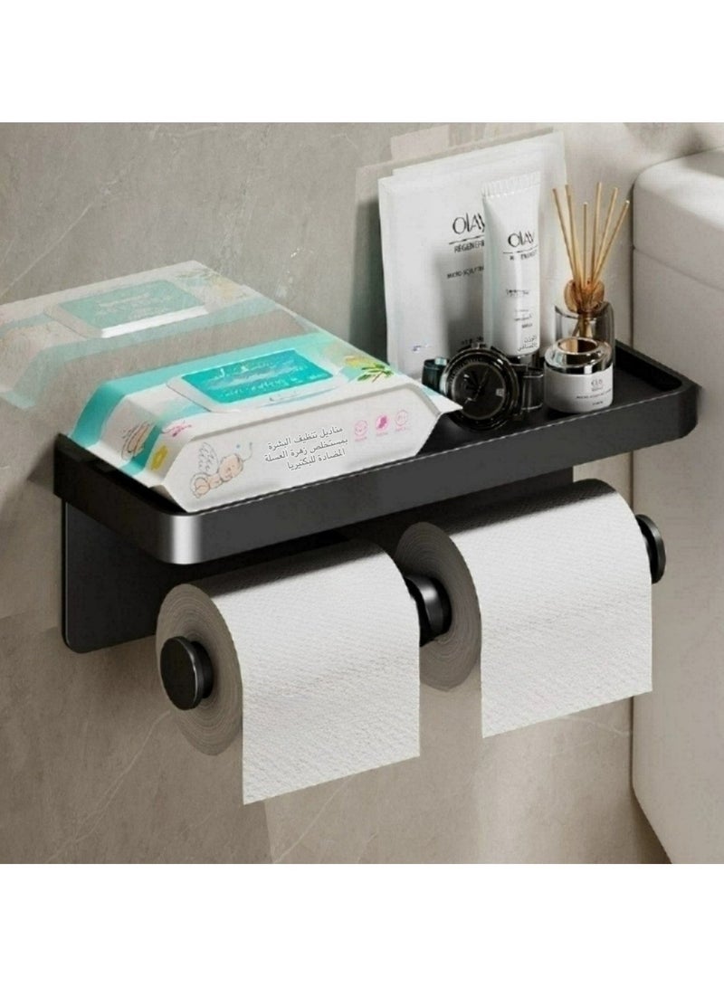 Stainless Steel Toilet Paper Holder, Multifunctional Paper Tissue Rack, Wall Mount Self Adhesive Paper Holder, with Widened Non-Slip Storage Tray, Strong Load-Bearing and Rust-Proof, Perfect for Bathroom and Kitchen, Slant Bar Style - Image 1