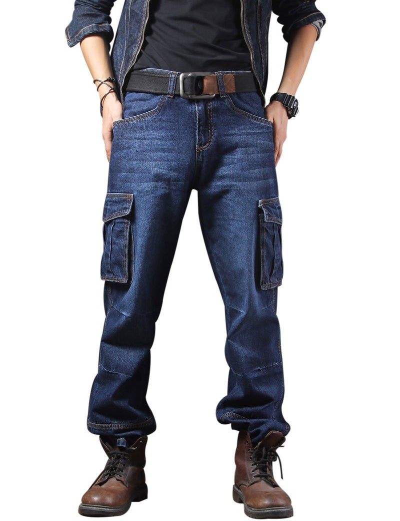 Yeokou Men's Casual Loose Hip Hop Denim Work Pants Jeans with Cargo Pockets(DarkBlue-36) - Image 1