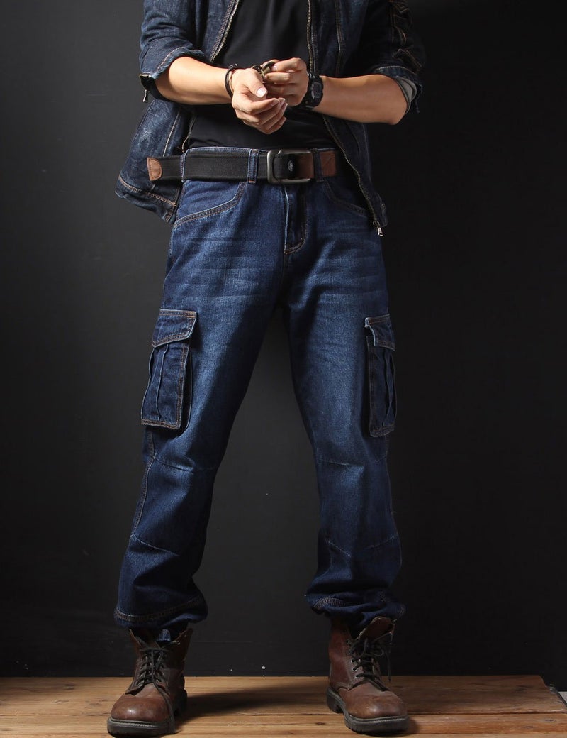 Yeokou Men's Casual Loose Hip Hop Denim Work Pants Jeans with Cargo Pockets(DarkBlue-36) - Image 2