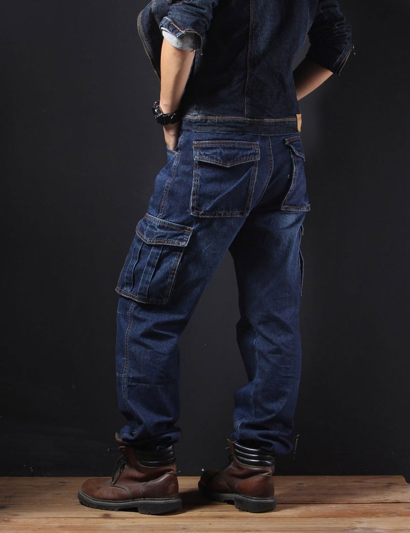 Yeokou Men's Casual Loose Hip Hop Denim Work Pants Jeans with Cargo Pockets(DarkBlue-36) - Image 4
