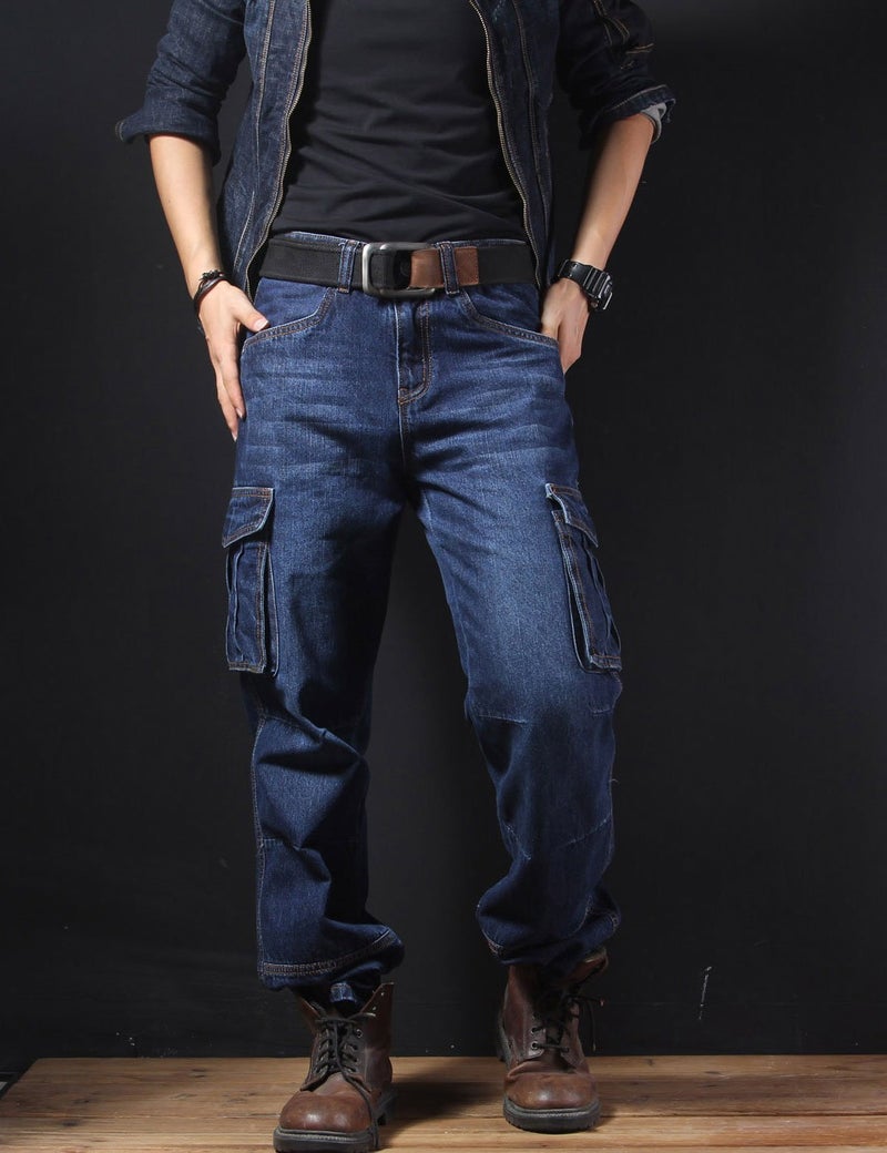 Yeokou Men's Casual Loose Hip Hop Denim Work Pants Jeans with Cargo Pockets(DarkBlue-36) - Image 3