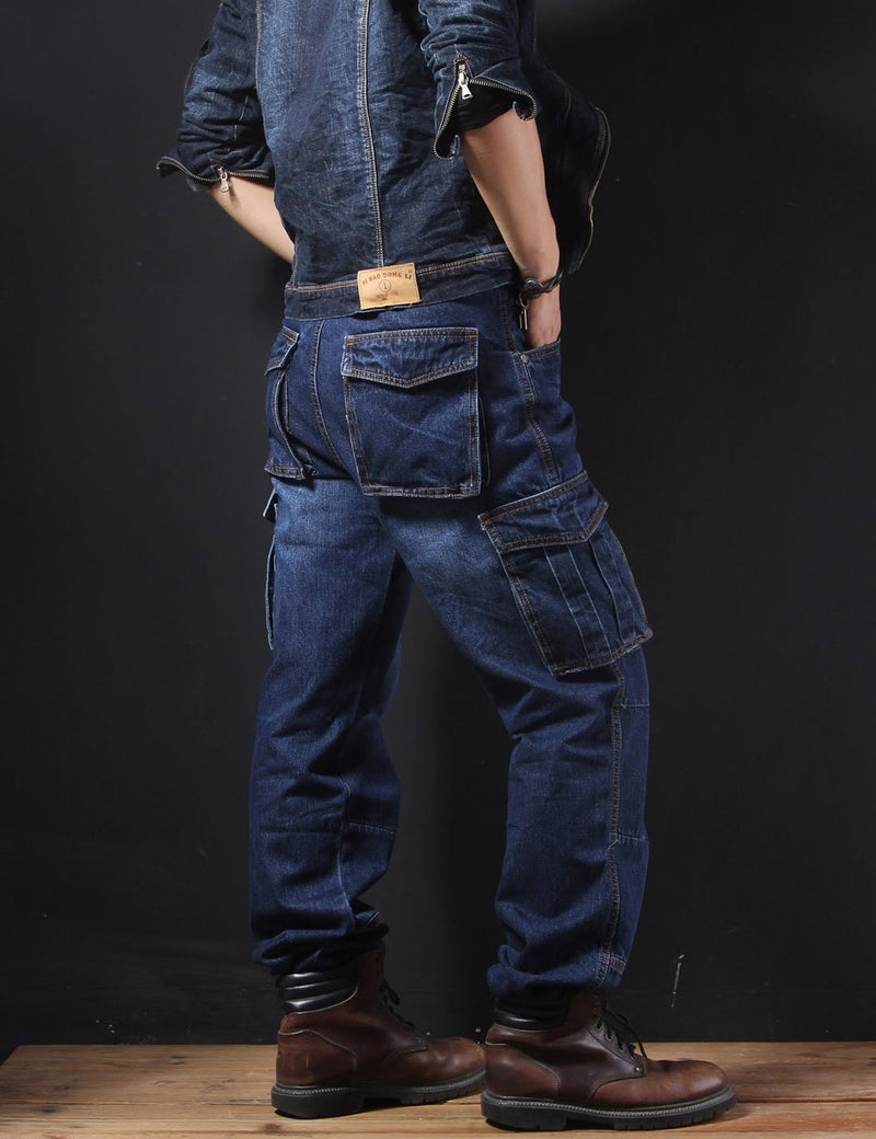 Yeokou Men's Casual Loose Hip Hop Denim Work Pants Jeans with Cargo Pockets(DarkBlue-36) - Image 5