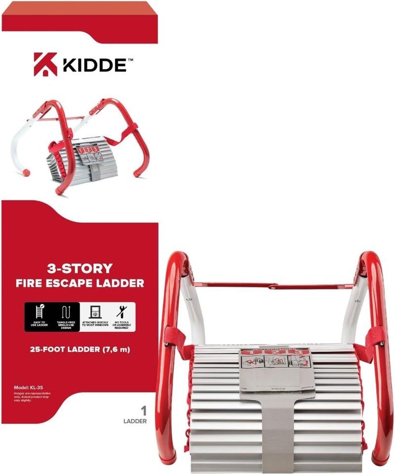 Kidde Fire Escape Ladder, 3-Story Rope Ladder, Extends to 25-Feet, Anti-Slip Rungs - Image 1