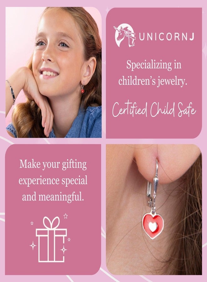 UNICORNJ Sterling Silver 925 Heart Earrings Leverback Dangle for Girls with Purple Enamel Color Heart in Heart - Image 3