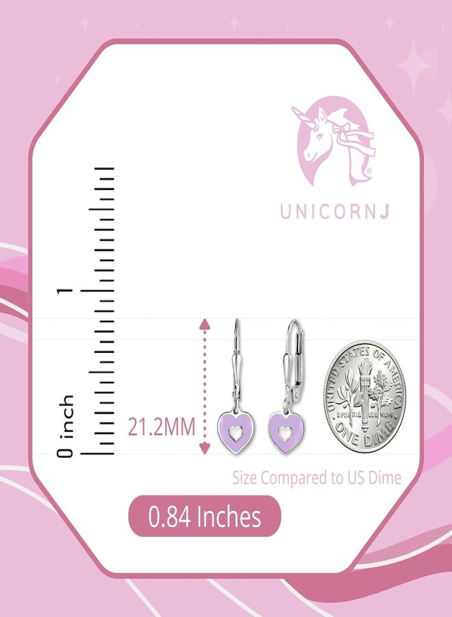 UNICORNJ Sterling Silver 925 Heart Earrings Leverback Dangle for Girls with Purple Enamel Color Heart in Heart - Image 5