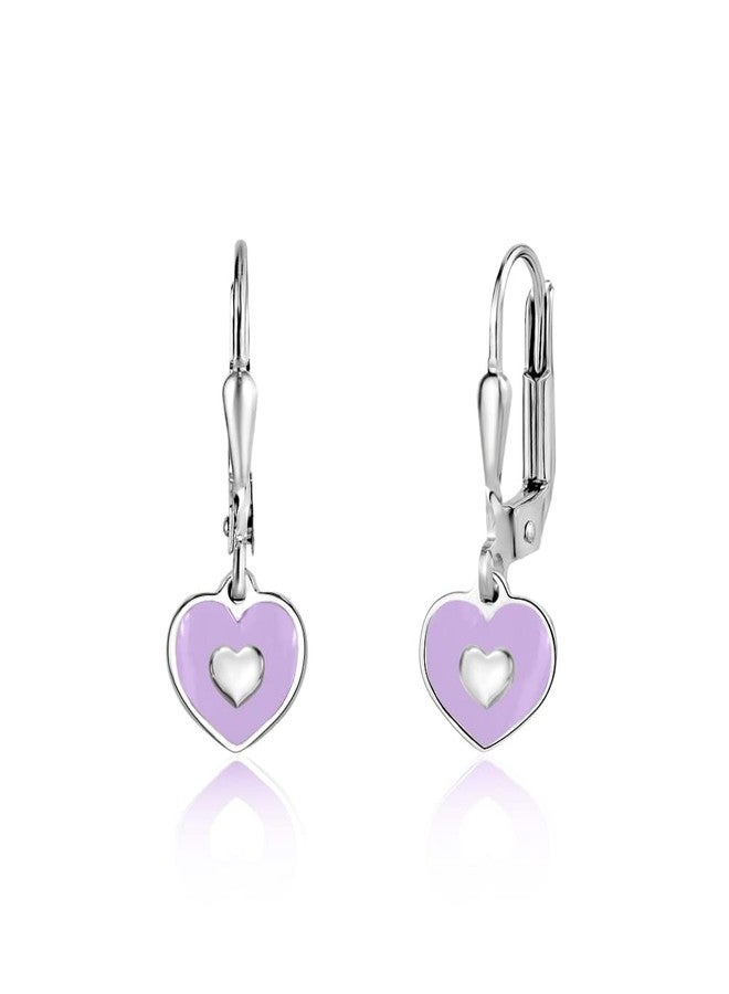 UNICORNJ Sterling Silver 925 Heart Earrings Leverback Dangle for Girls with Purple Enamel Color Heart in Heart - Image 1