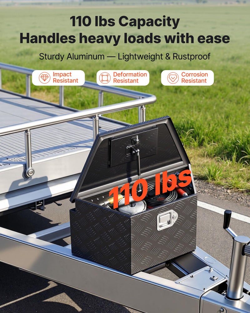 VEVOR Trailer Tongue Box, Heavy Duty Trailer Tongue Tool Box Storage Organizer with Lock & Keys, Utility Tool Chest for Pickup Truck Bed, RV, SUV, Off-Road Vehicle, Aluminum, 26" x 13" x 12", Black - Image 3