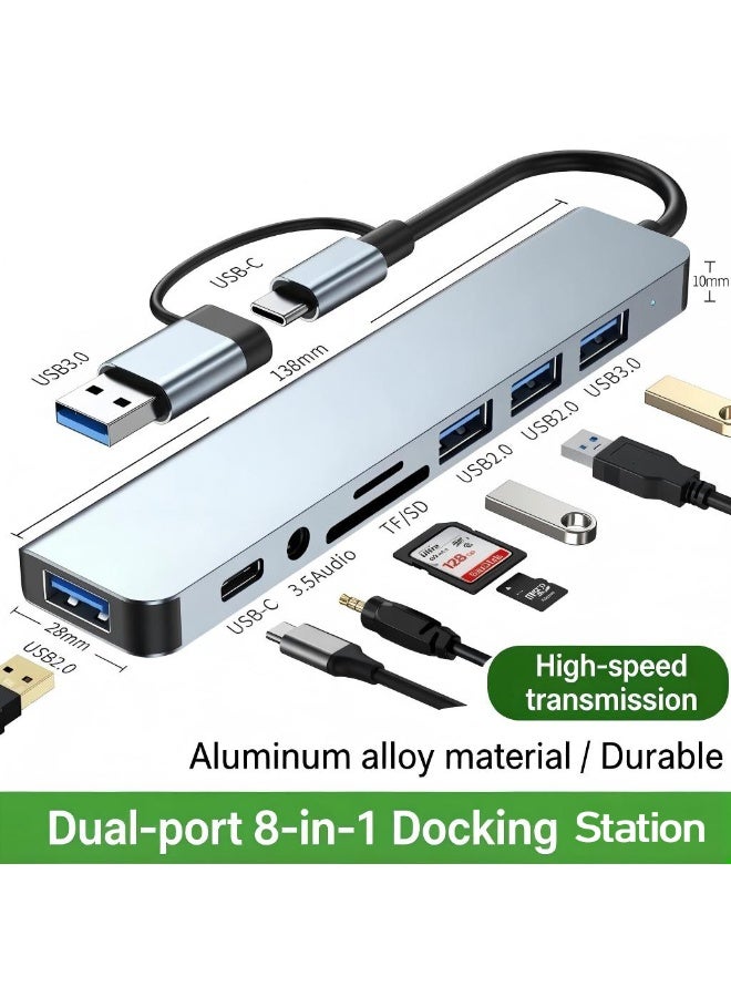 سام موزع USB متعدد المنافذ 8 في 1 مزدوج التوصيل USB-C و USB 3.0، مع قارئ بطاقات SD/TF، 3 منافذ USB 2.0 + منفذ USB 3.0، مدخل صوت 3.5 مم، هيكل ألومنيوم متوافق مع اللابتوب والآيباد والآيفون والأندرويد - Image 1