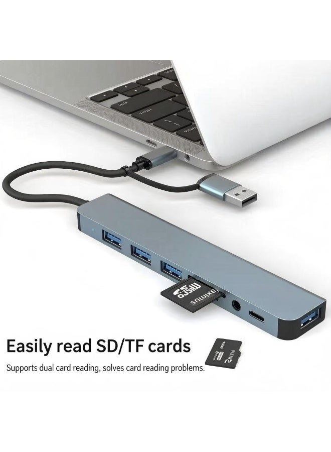 سام موزع USB متعدد المنافذ 8 في 1 مزدوج التوصيل USB-C و USB 3.0، مع قارئ بطاقات SD/TF، 3 منافذ USB 2.0 + منفذ USB 3.0، مدخل صوت 3.5 مم، هيكل ألومنيوم متوافق مع اللابتوب والآيباد والآيفون والأندرويد - Image 5
