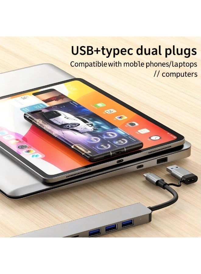 سام موزع USB متعدد المنافذ 8 في 1 مزدوج التوصيل USB-C و USB 3.0، مع قارئ بطاقات SD/TF، 3 منافذ USB 2.0 + منفذ USB 3.0، مدخل صوت 3.5 مم، هيكل ألومنيوم متوافق مع اللابتوب والآيباد والآيفون والأندرويد - Image 4