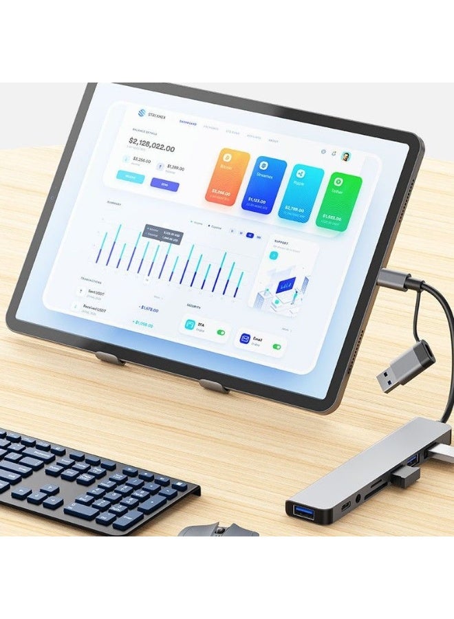 سام موزع USB متعدد المنافذ 8 في 1 مزدوج التوصيل USB-C و USB 3.0، مع قارئ بطاقات SD/TF، 3 منافذ USB 2.0 + منفذ USB 3.0، مدخل صوت 3.5 مم، هيكل ألومنيوم متوافق مع اللابتوب والآيباد والآيفون والأندرويد - Image 2