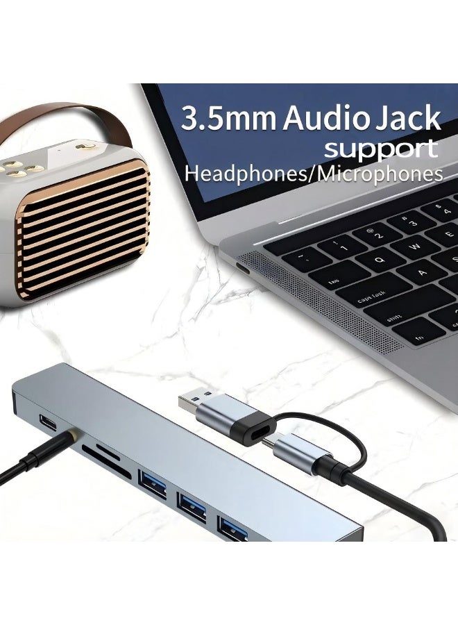 سام موزع USB متعدد المنافذ 8 في 1 مزدوج التوصيل USB-C و USB 3.0، مع قارئ بطاقات SD/TF، 3 منافذ USB 2.0 + منفذ USB 3.0، مدخل صوت 3.5 مم، هيكل ألومنيوم متوافق مع اللابتوب والآيباد والآيفون والأندرويد - Image 3