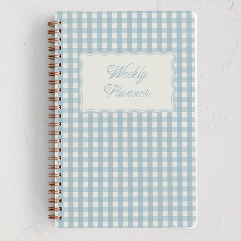 Minted Scalloped Gingham 2026 Weekly & Monthly Undated Planner, 5.5" x 8.5" Spiral Bound Notebook, 132 Pages, Durable Blue Pattern Planner for Office, School & Home Organization - Image 1