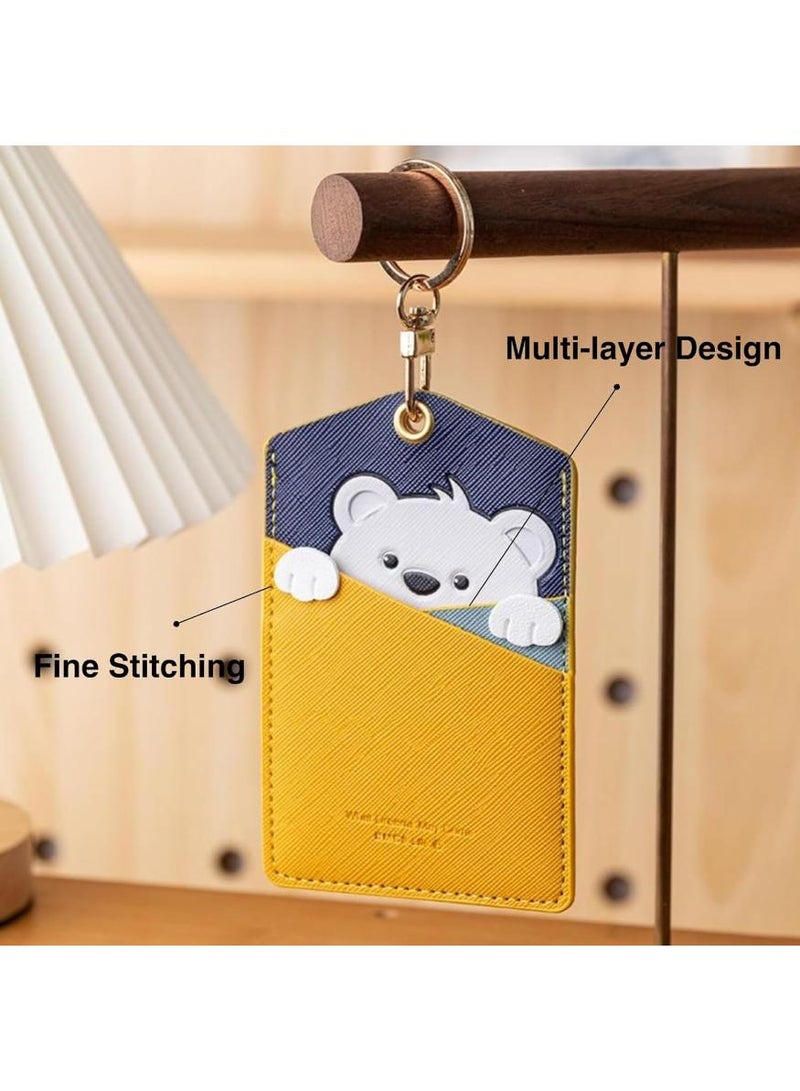 Generic Leather ID Badge Holder with Keychain - Cute Cartoon Animal Design, 3 Card Slots for Professionals, Students, Office & School Accessories (Yellow)  - Image 2