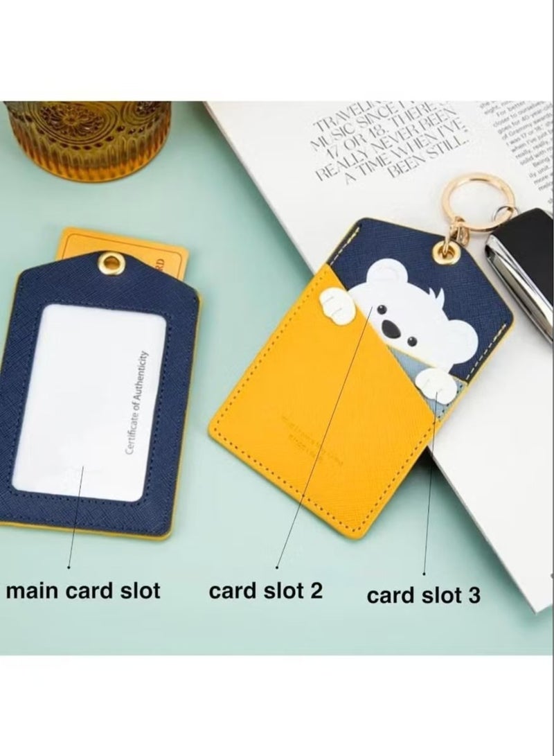 Generic Leather ID Badge Holder with Keychain - Cute Cartoon Animal Design, 3 Card Slots for Professionals, Students, Office & School Accessories (Yellow)  - Image 3