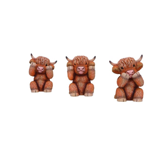 THREE WISE SEE NO EVIL HEAR NO EVIL SPEAK NO EVIL FIGURINES ADORABLE HANDPAINTED RESIN COLLECTIBLES AND GIFT HIGHLAND COWS
