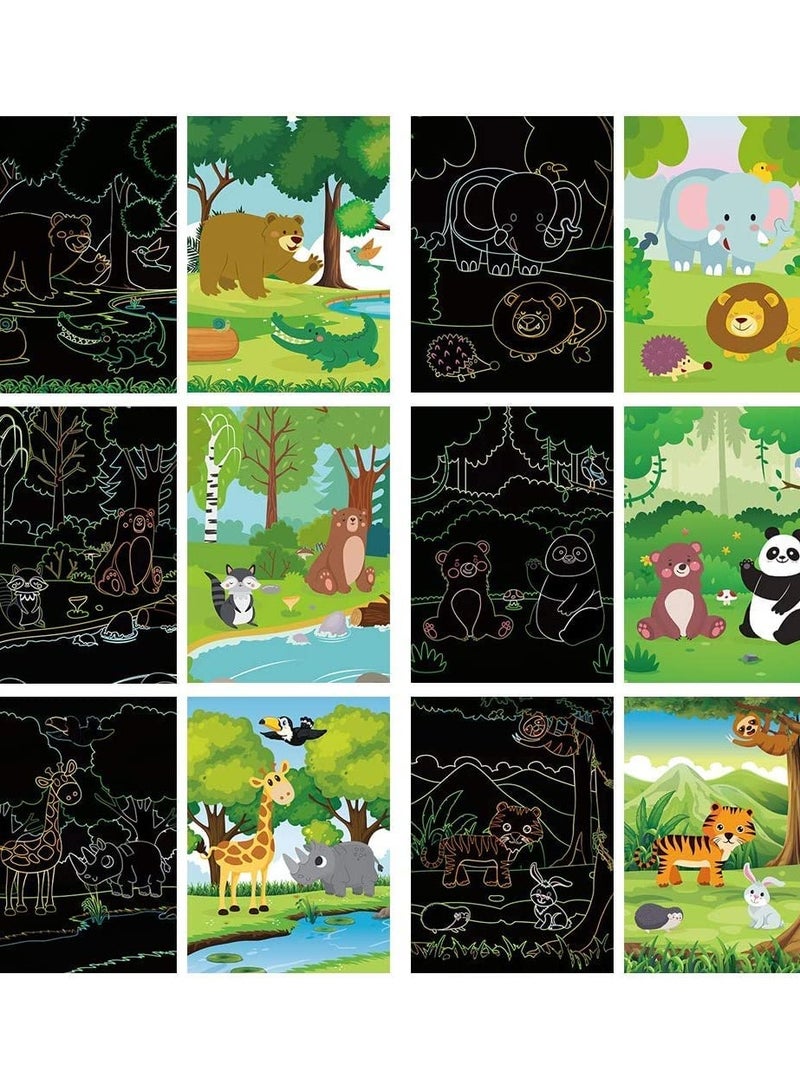 9 Pieces Cartoon Animal Design Scratch Art Set with Wooden Stylus and Brush, Black Scratch Off and Coloring Cards for Kids, Creative Toys Birthday Gift Party Game for Boys Girls - Image 2